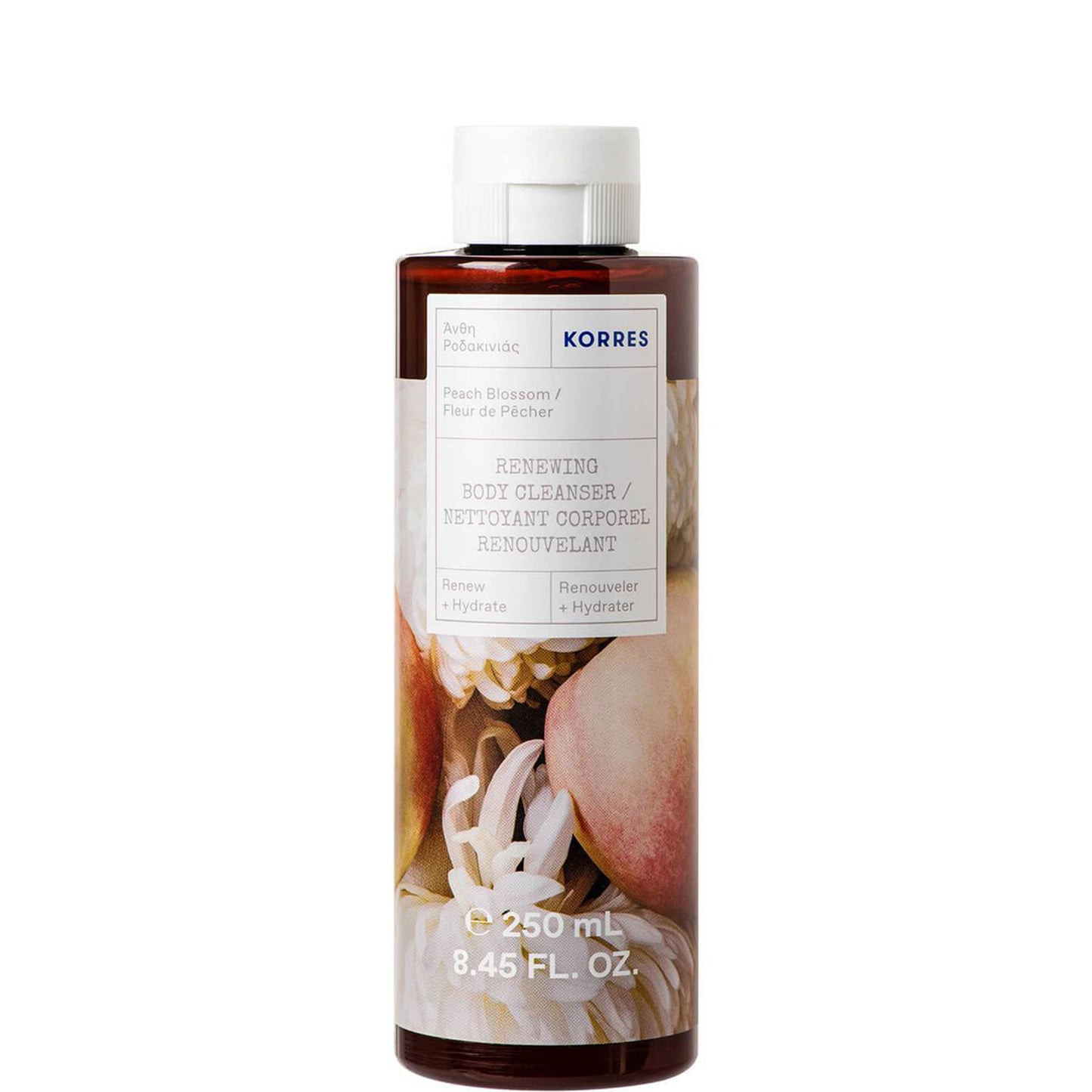 Korres Peach Blossom Renewing Shower Gel features a beautiful blend of white peach, mango, and blackcurrant.