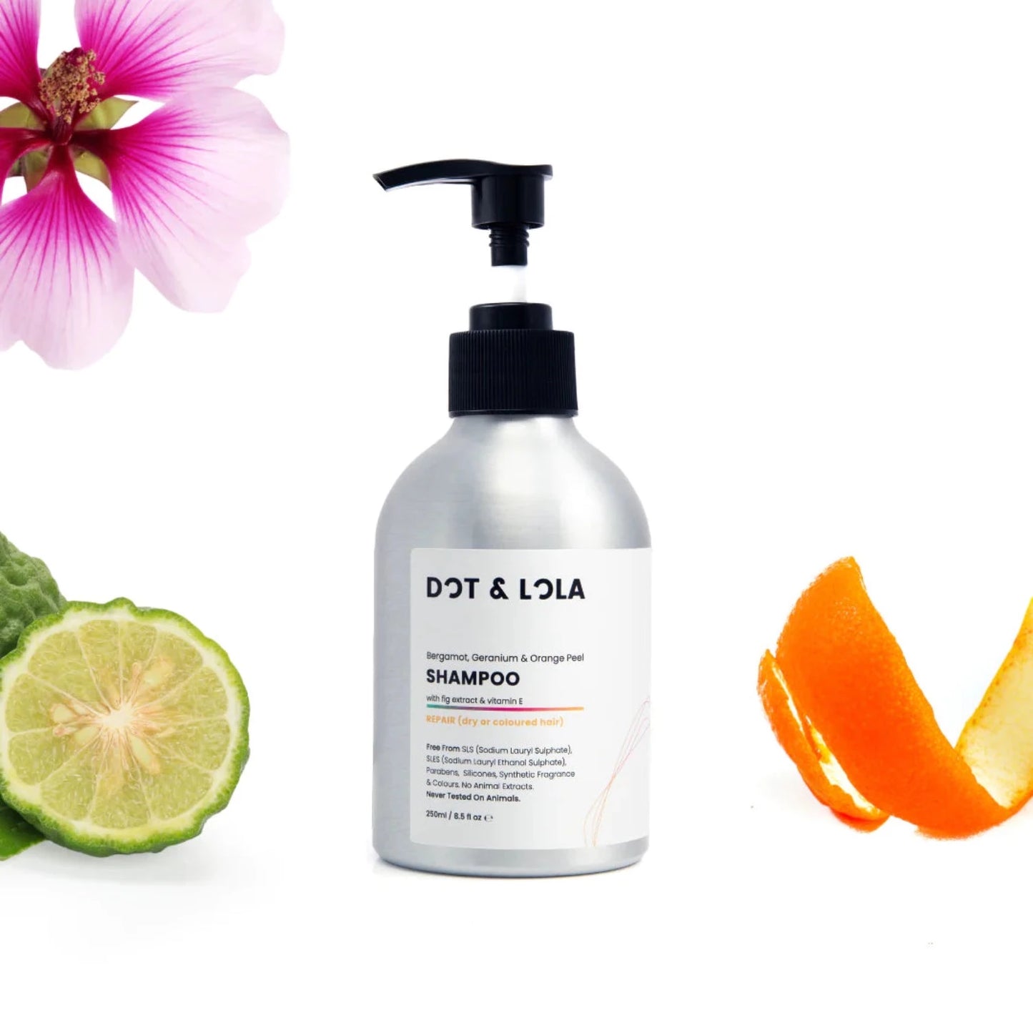 DOT & LOLA Repair Shampoo With Aloe Vera, Bergamot & Rosemary encourages hair growth and nourishes hair and follicles.