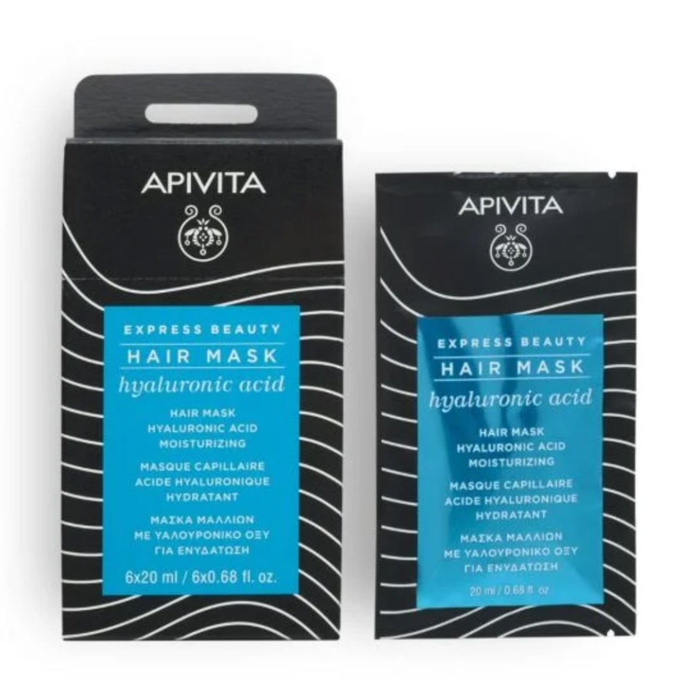 Apivita Moisturising Hair Mask Express Beauty is formulated with 97% natural ingredients, such as hyaluronic acid, aloe, thyme honey and oat proteins, to intensely hydrate the hair.