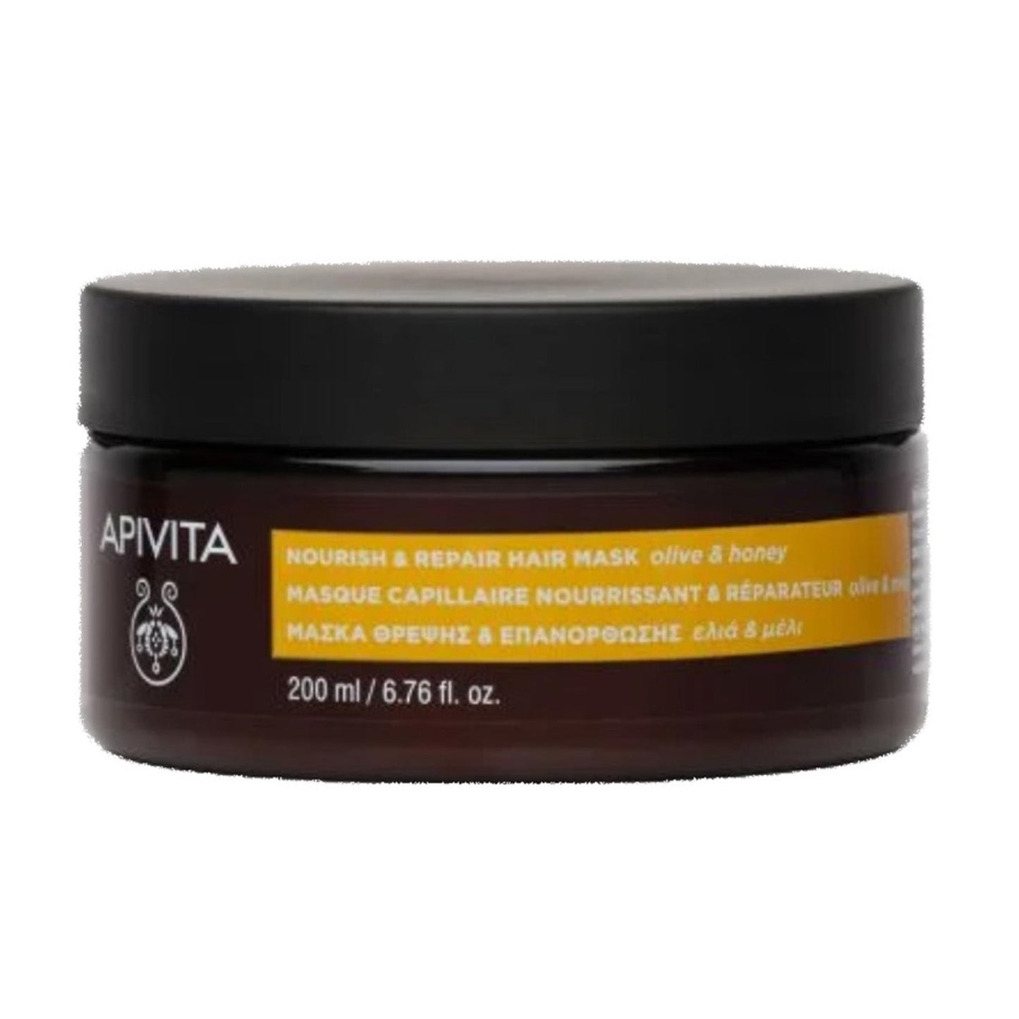 Apivita Nourish Repair Hair Mask intensive repair with shea butter, olive oil, almond oil, wheat germ oil, Plukenetia Volubilis seed oil, wheat proteins and 5 vitamins restructure damaged hair, providing intense nourishment and softness.