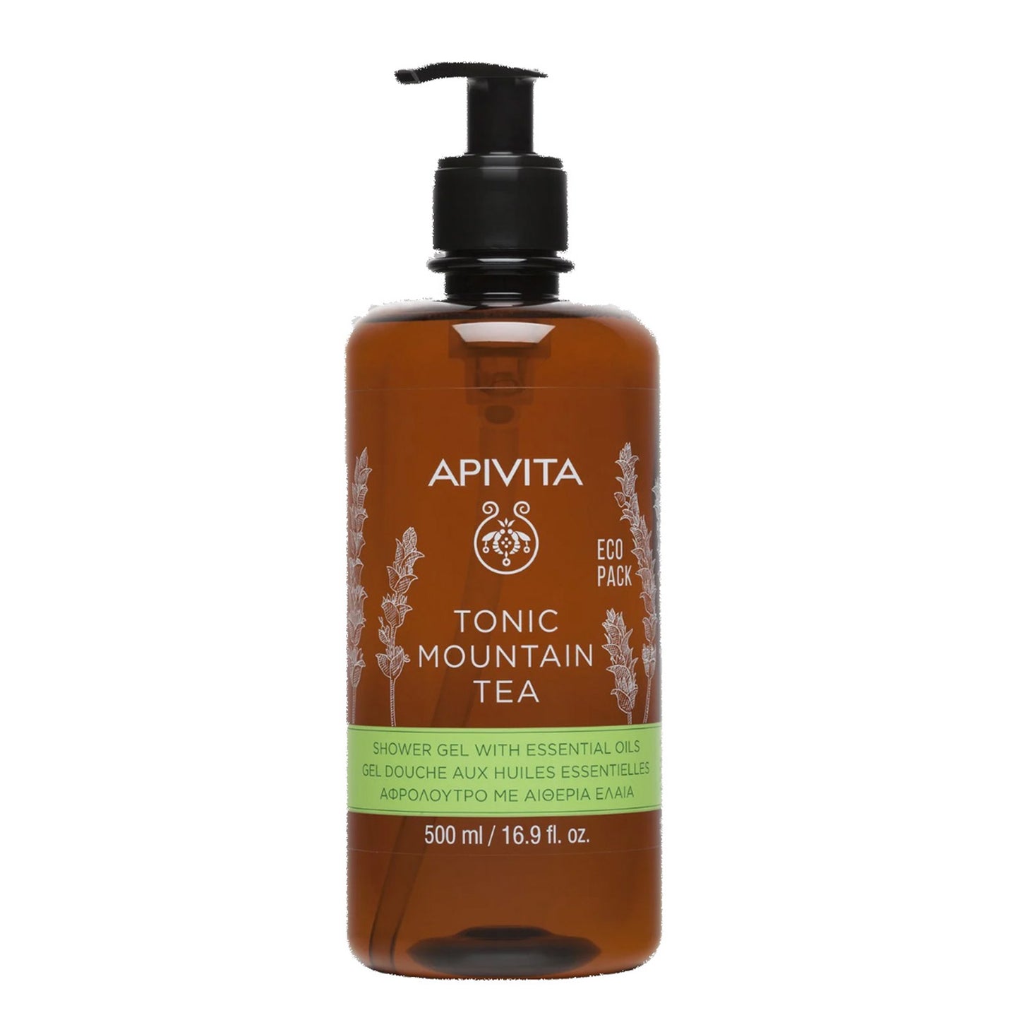 Apivita Tonic Mountain Tea Shower Gel with Essential Oils cleanses gently without dehydration, providing protection against oxidative stress with Greek mountain tea.