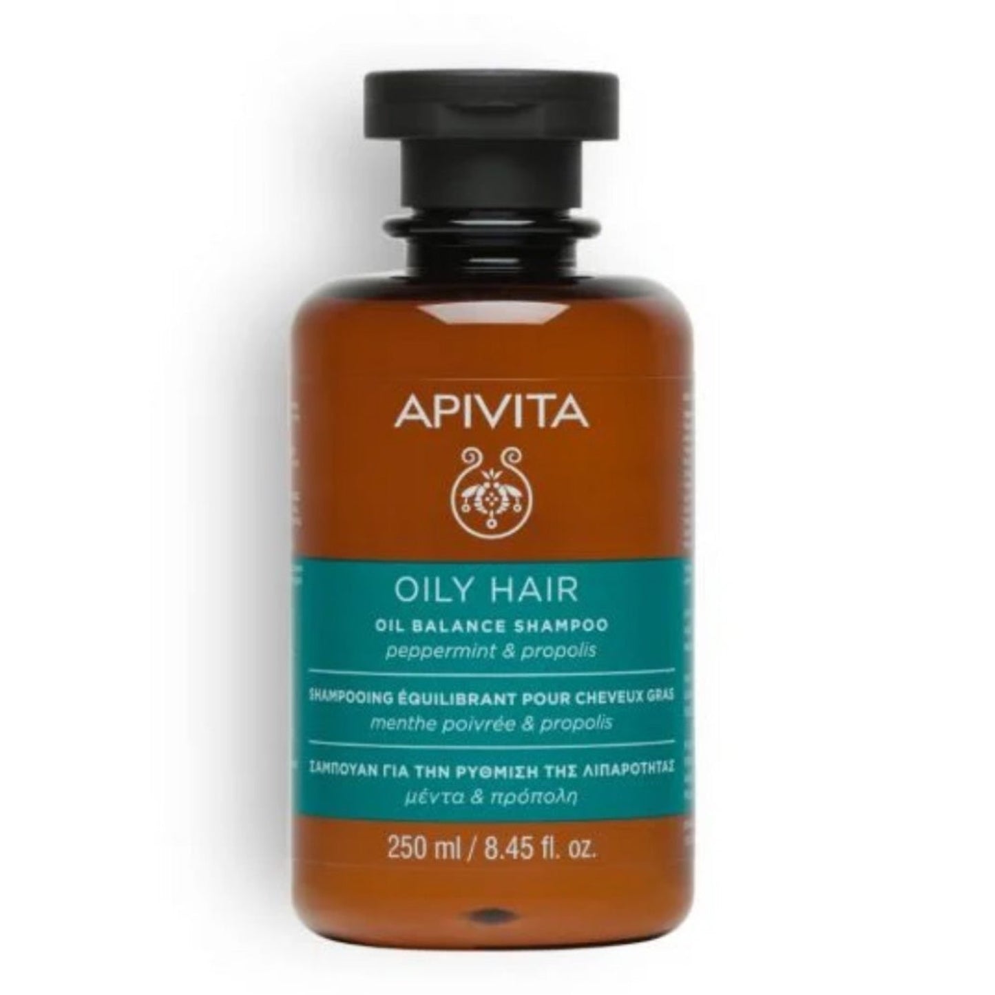 Apivita Oily Balance Shampoo has Greek organic rosemary, peppermint, lemon, and thyme essential oils provide a pleasant refreshing feel without overburdening hair.