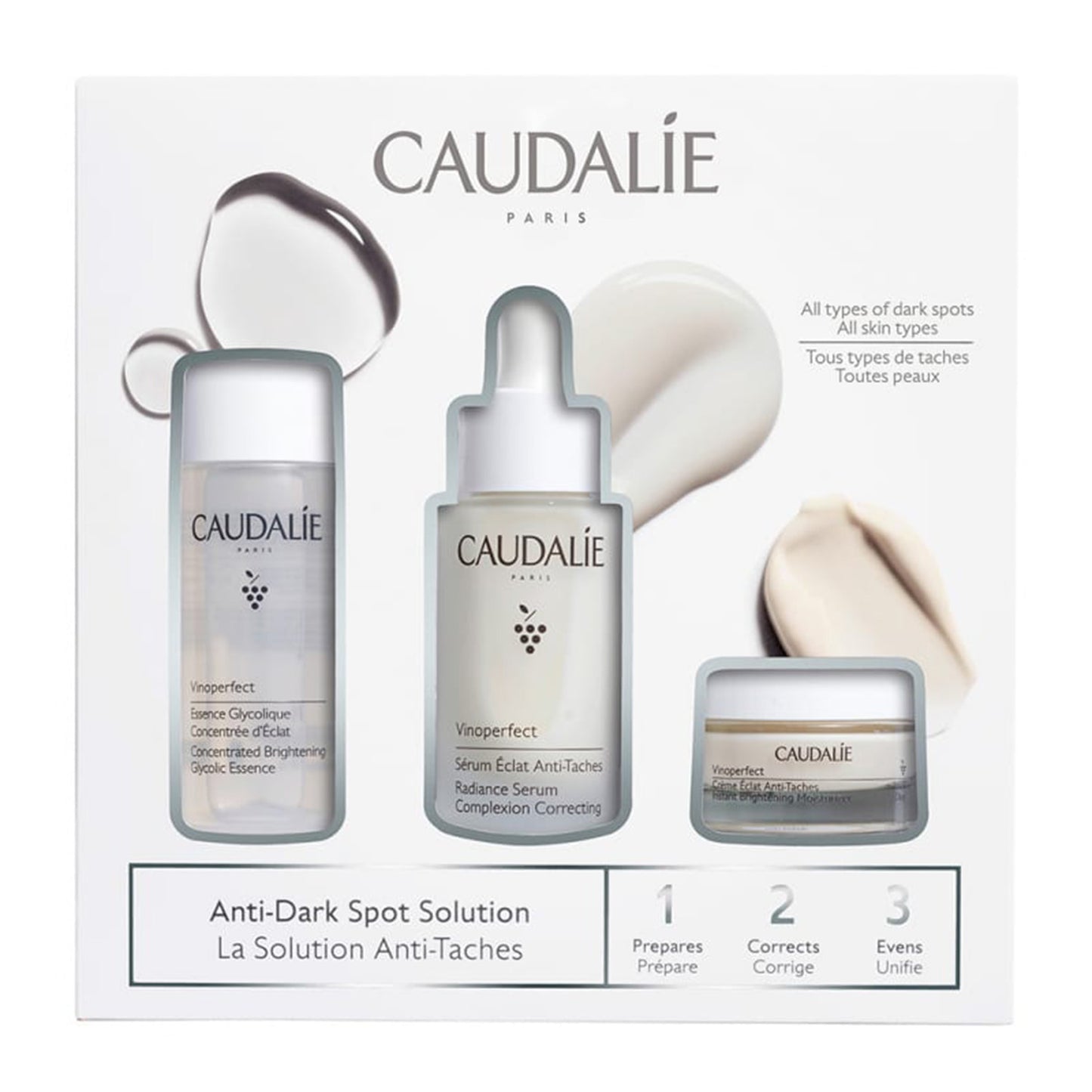Perfect skin routine set of Caudalie Vinoperfect Serum, Moisturiser and Toner for anti-dark spot results.