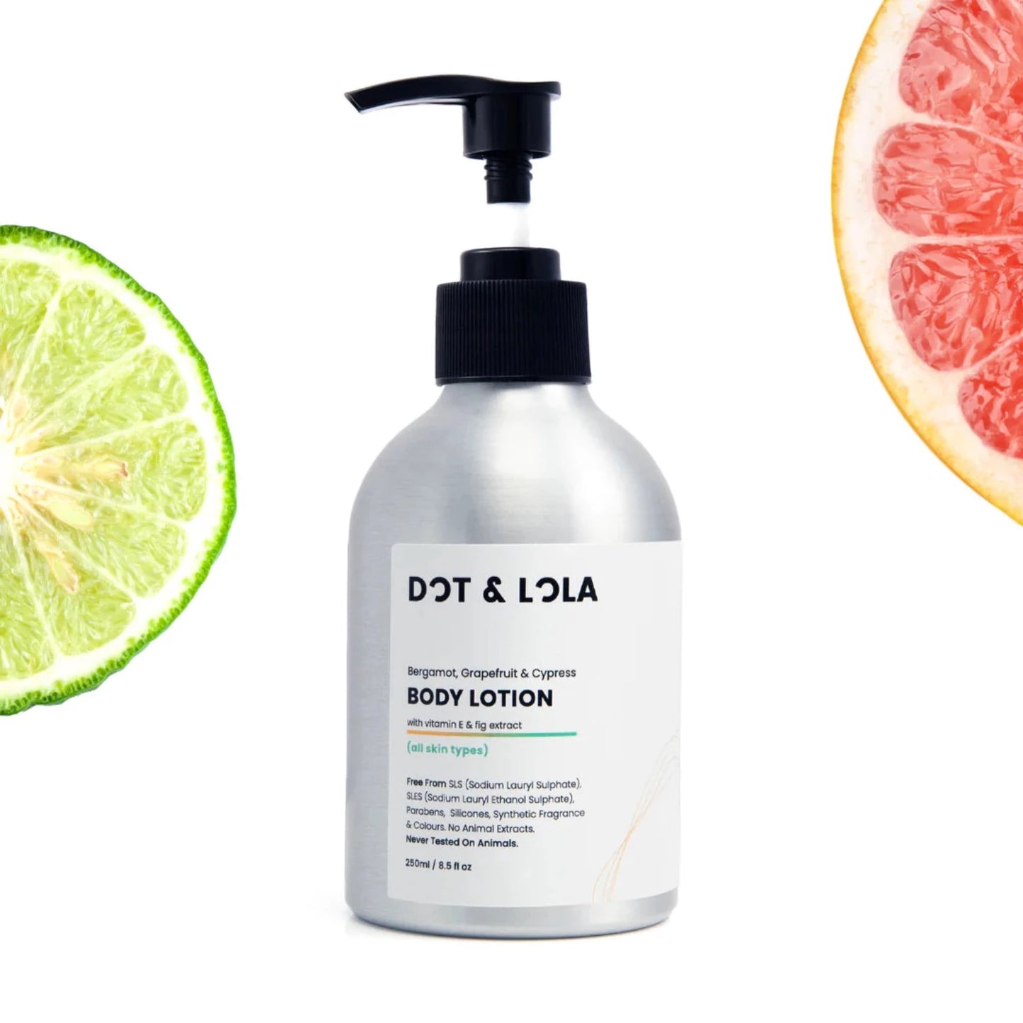 DOT & LOLA Body Lotion With Bergamot, Grapefruit & Cypresswith natural vitamin E & fig extract provides maximum hydration, and feels like nothing on the skin.