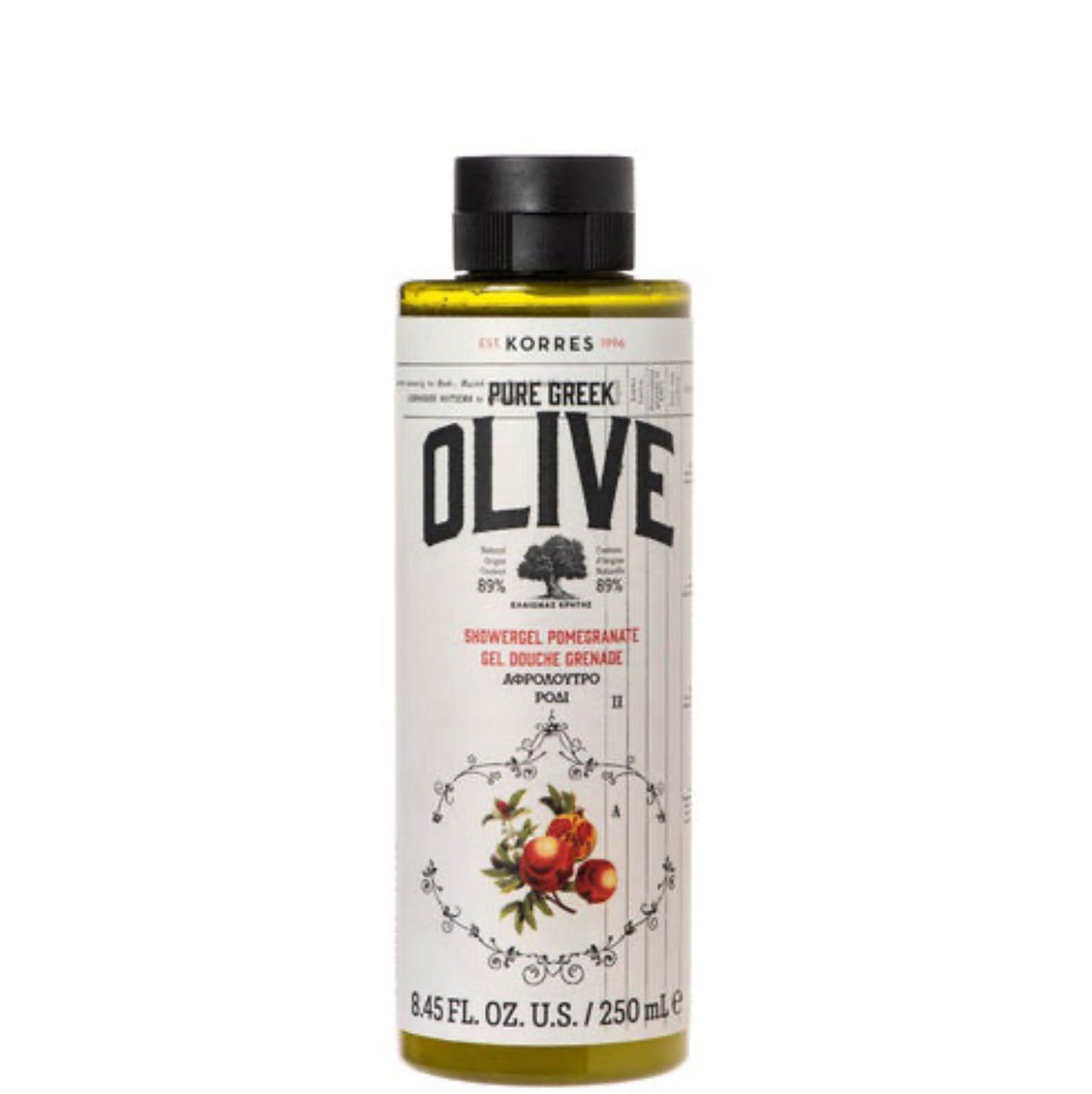 Korres Pure Greek Olive & Pomegranate Shower Gel s enriched with premium, extra virgin olive oil from Cretan olive trees, offering nourishing, antioxidant and anti-aging benefits.