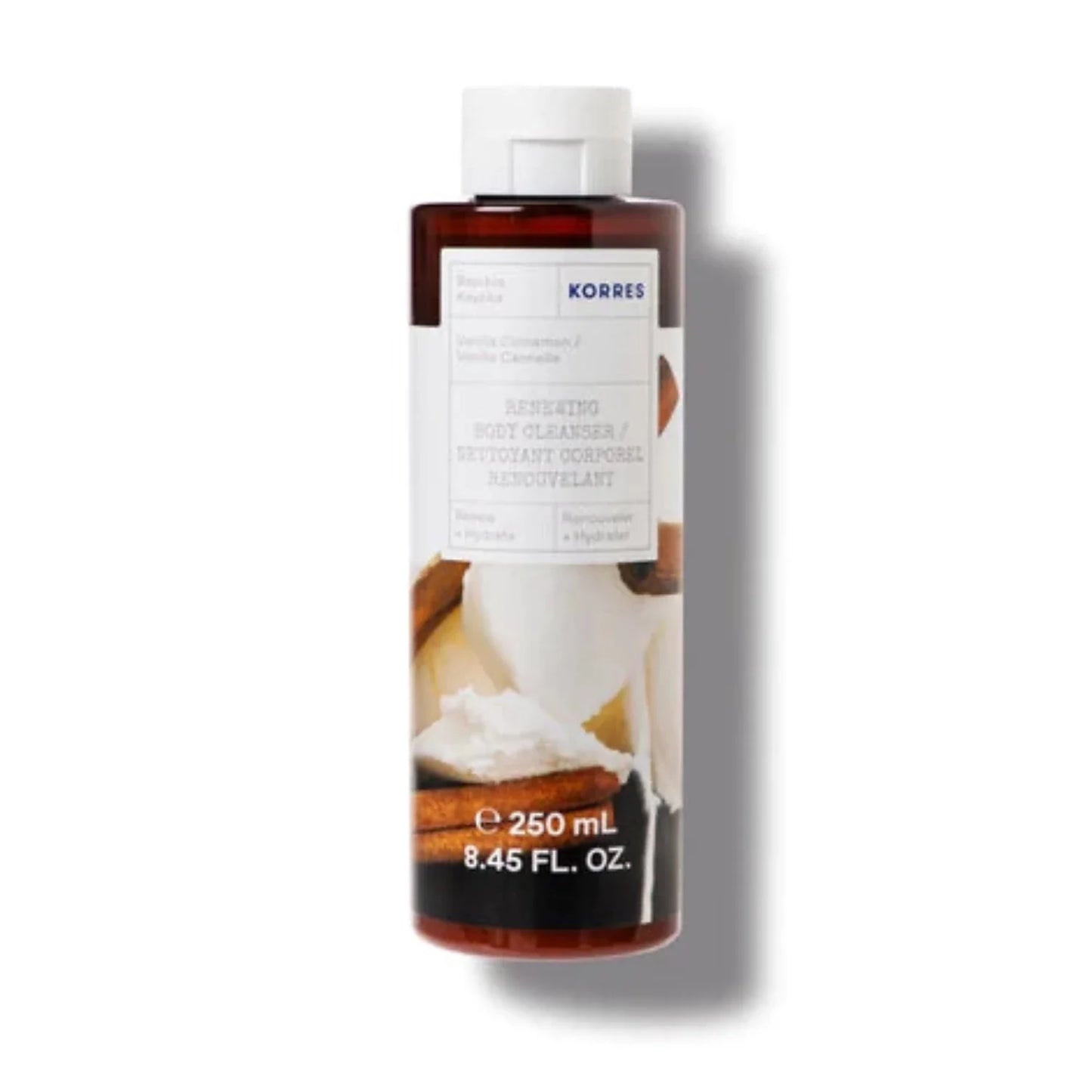 Korres Vanilla Cinnamon Shower Gel is a light, creamy blend of vanilla and cinnamon creates a foaming shower gel that combines aloe extract, wheat proteins and althea extract to keep skin hydrated.
