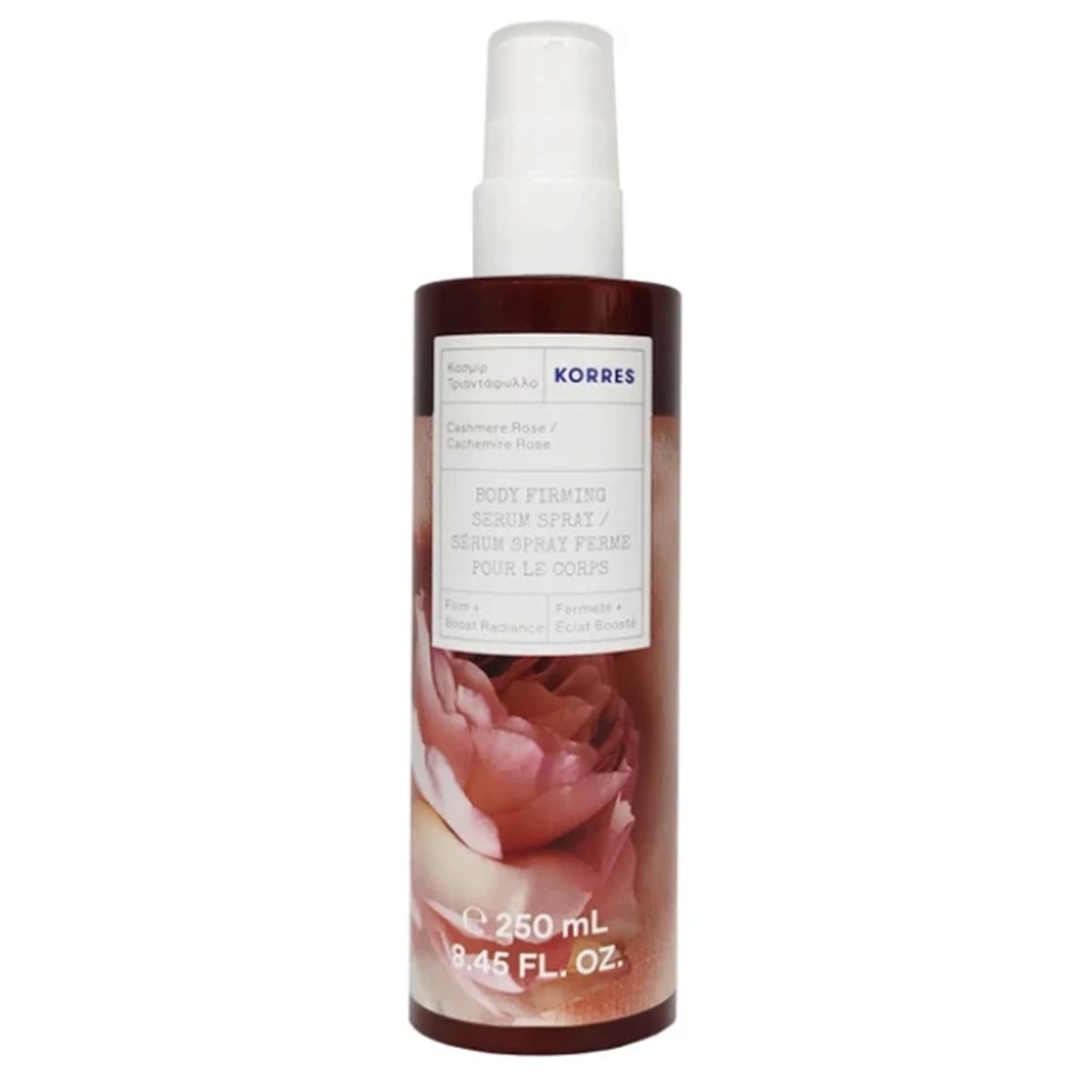 Korres Body Firming Serum with Cashmere & Rose contains crystallised Shea butter, provitamin B5, olive oil, and sunflower oil, making it suitable for all skin types.