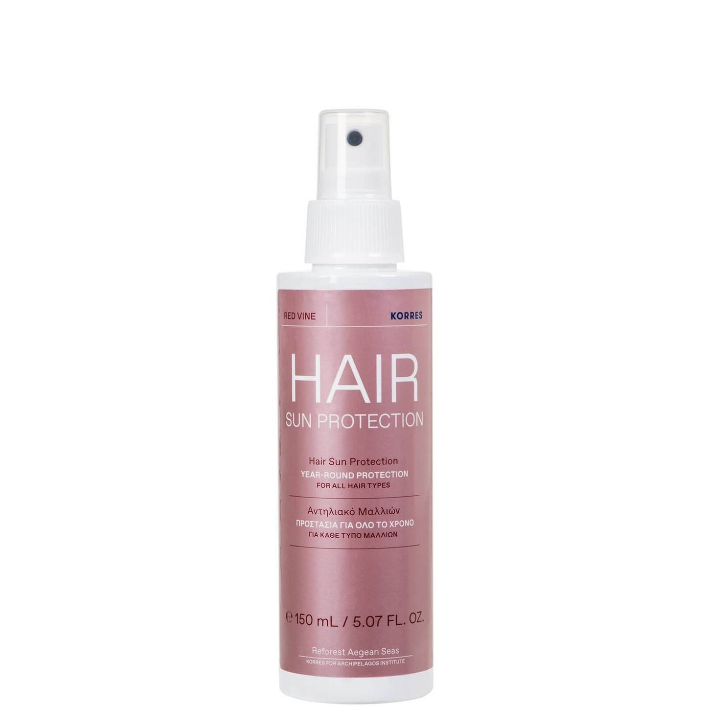 Korres Red Vine Hair Sun Protection restore and protect sun-damaged hair with 93.9% natural ingredients such as aloe, provitamin B5, red grape extract, and helianthus extract.