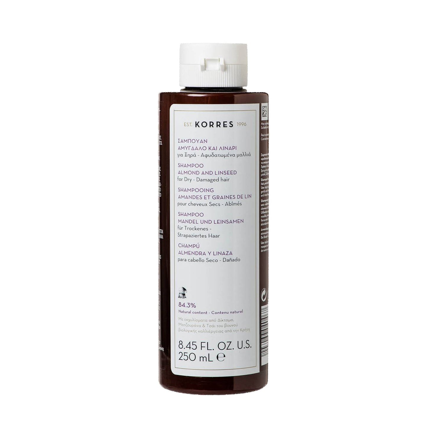 Korres Almond & Linseed Shampoo features organic plant extracts from the Greek island of Crete.