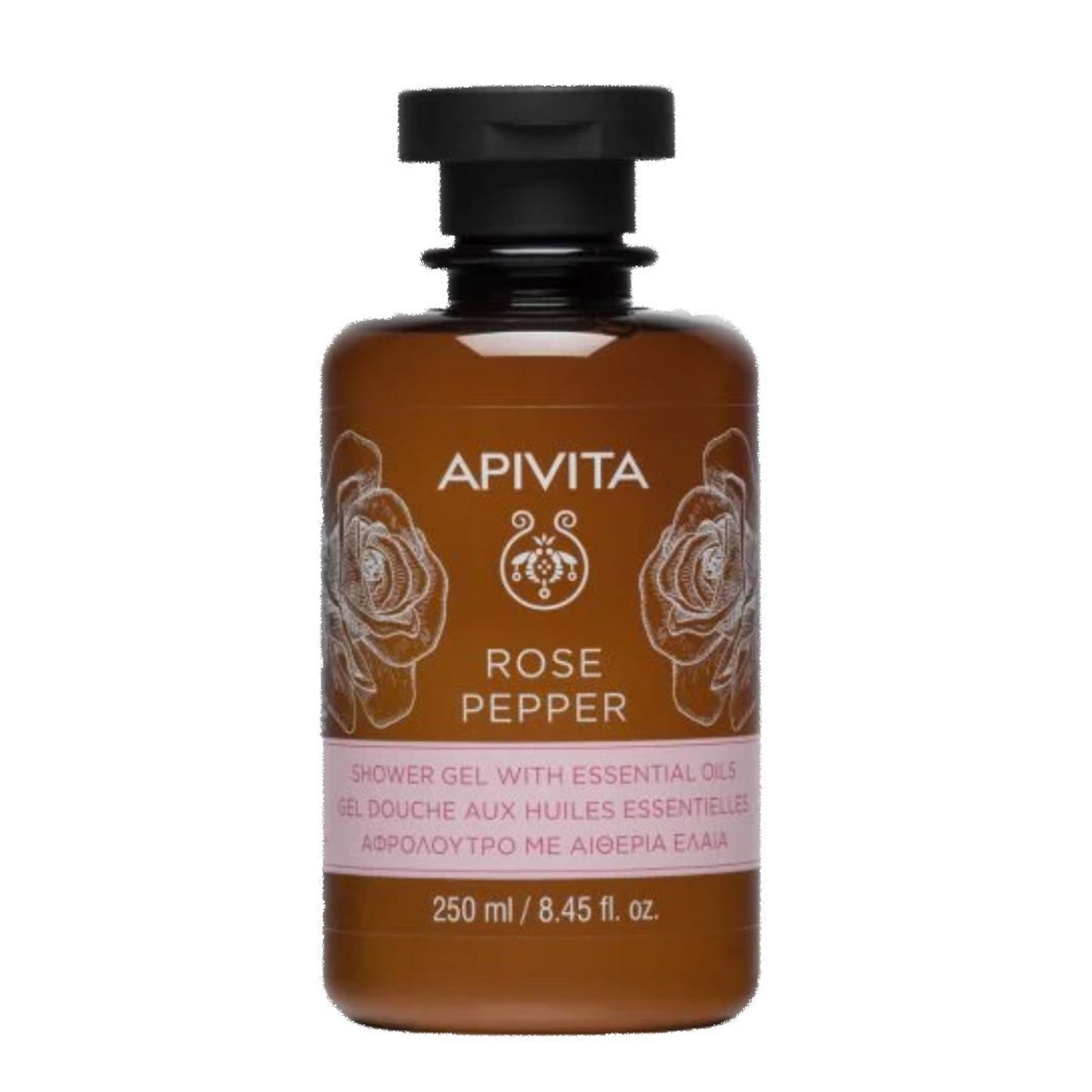 Apivita Rose Pepper Shower Gel with Essential Oils. Organic aloe, provitamin B5, organic lavender extract and arginine moisturise, soothe, and soften skin. Juniper and rose organic essential oils plus black pepper essential oil invigorate and revitalise the senses. Organic mountain tea infusion acts as a powerful antioxidant and anti-ager.
