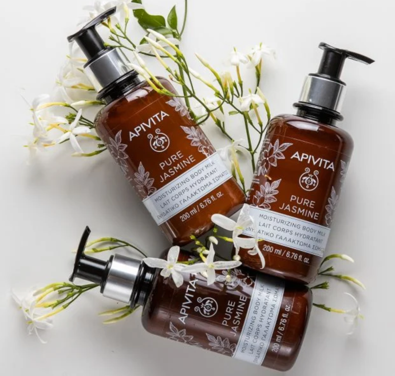 Apivita Pure Jasmin Moisturising Body Milk is a combination of honey, hyaluronic acid, olive oil, almond oil, shea butter and beeswax immediately moisturises and smooths, while protecting the skin’s flexibility.