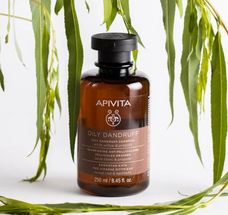 Apivita Oily Dandruff Shampoo with White Willow and Propolis.