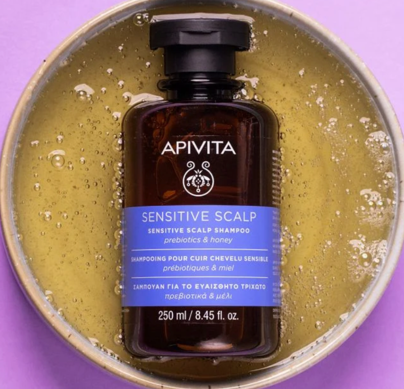 Apivita Sensitive Scalp Shampoo with probiotics and honey gently cleanse and soothe the scalp.