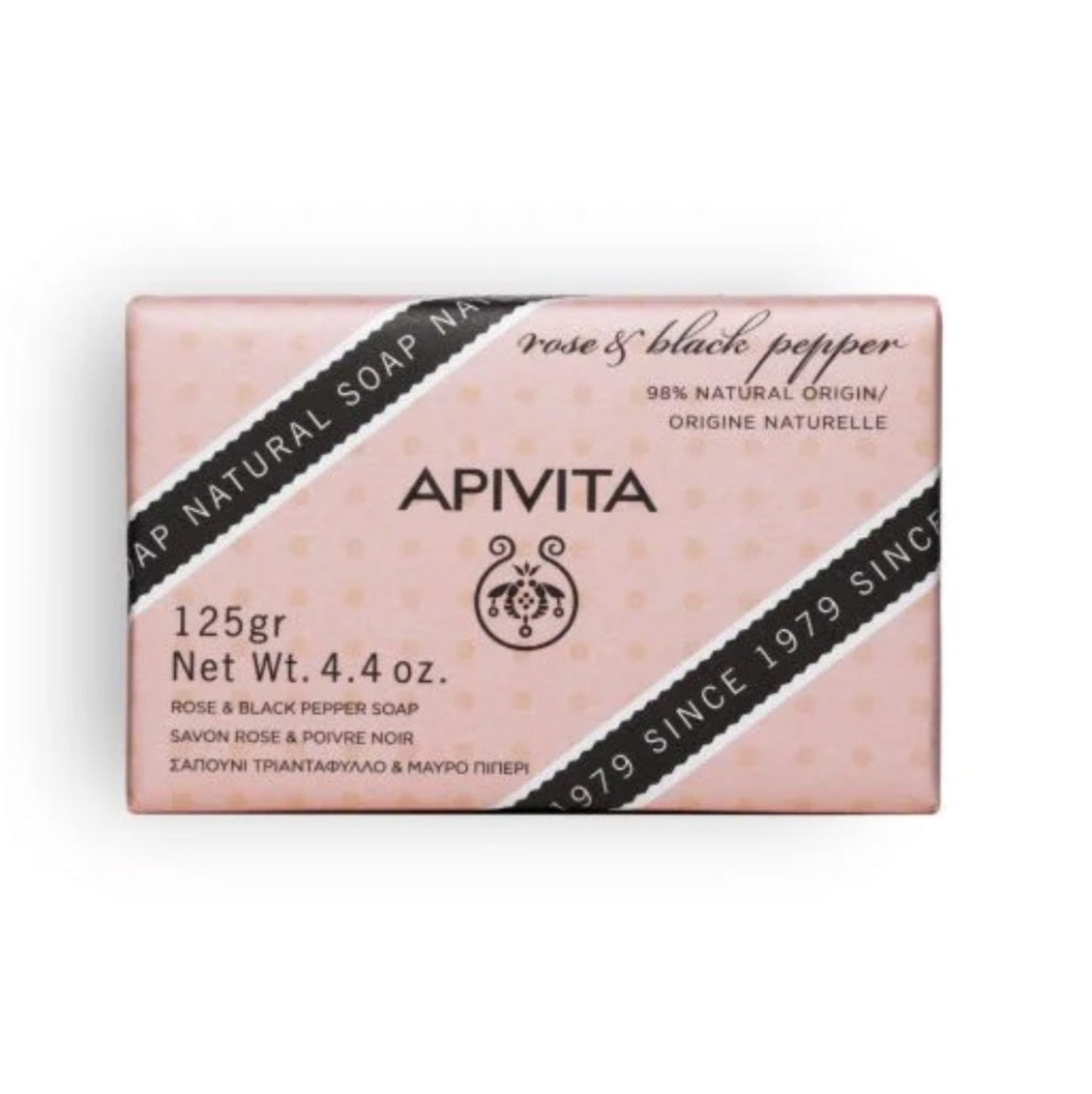 Apivita Natural Soap with Rose Black Pepper is a transparent soap with grains provides cleansing, exfoliation and toning, while effectively firming the body and reducing cellulite.