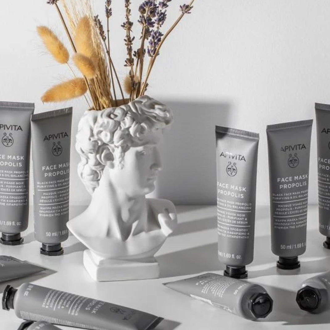 Apivita Black Face Mask Propolis with itamin E and panthenol work to soften the skin, while an antioxidant wild rose infusion replaces the water in the composition. 