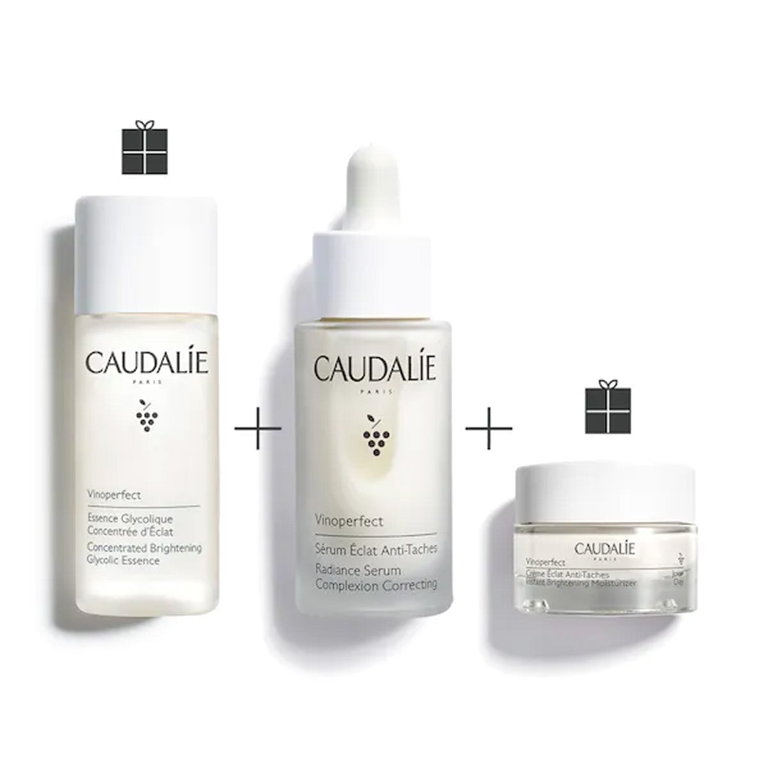 Caudalie Set, Vinoperfect Radiance Serum Complexion Correcting 30ml, plus two complimentary gifts: Vinoperfect Concentrated Brightening Glycolic Essence 50ml and Vinoperfect Dark Spot Correcting Moisturiser 15ml.