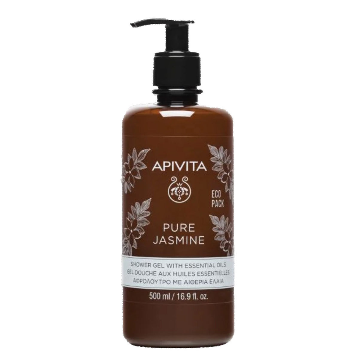 Apivita Pure Jasmin Shower Gel with Essential Oils Ecopack. It cleanses skin gently, preserving natural moisture and providing a luxurious sense of well-being.
