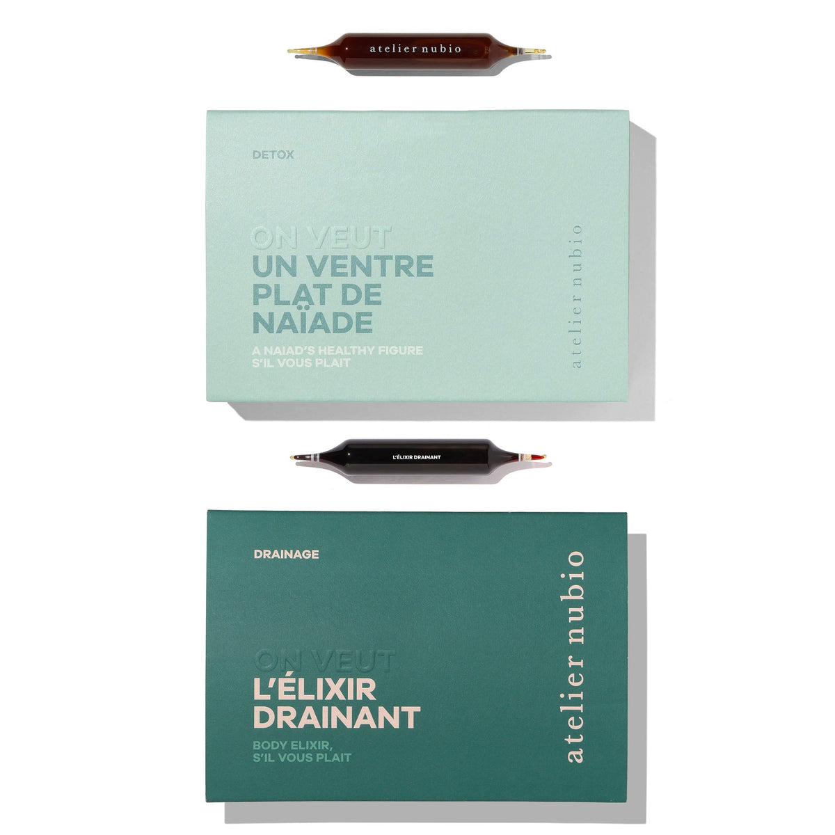Atelier Nubio Body Elixir & A Naiad's Healthy Figure, S'il Vous Plait duo of two ampoule boxes