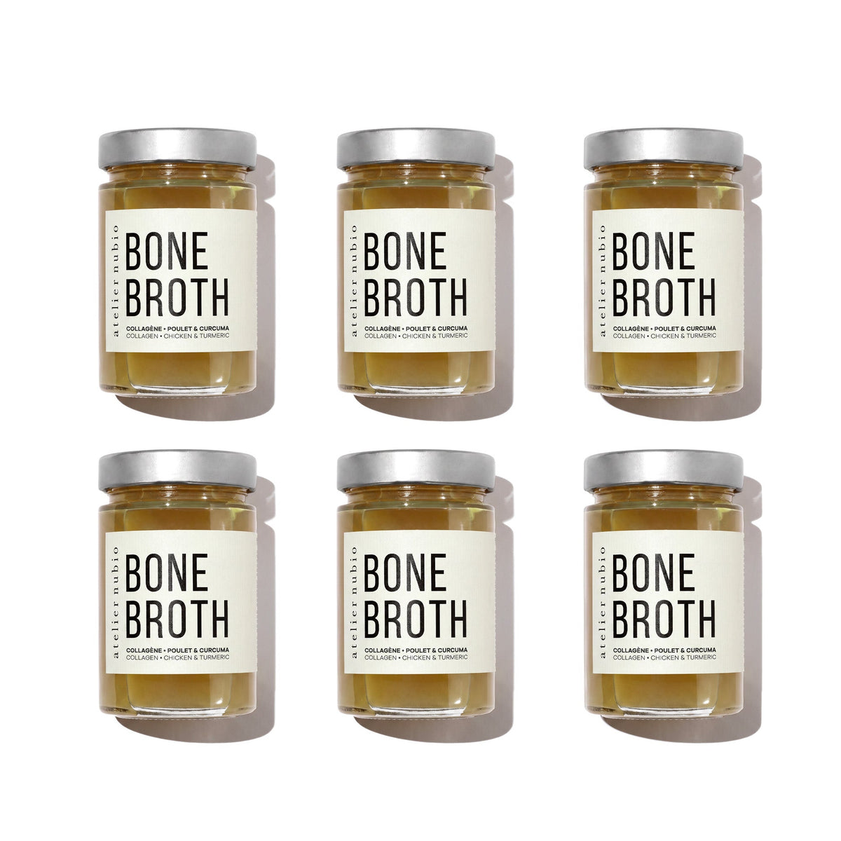 Atelier Nubio Bone Broth Chicken & Turmeric pack of six 275ml jars with UK labels