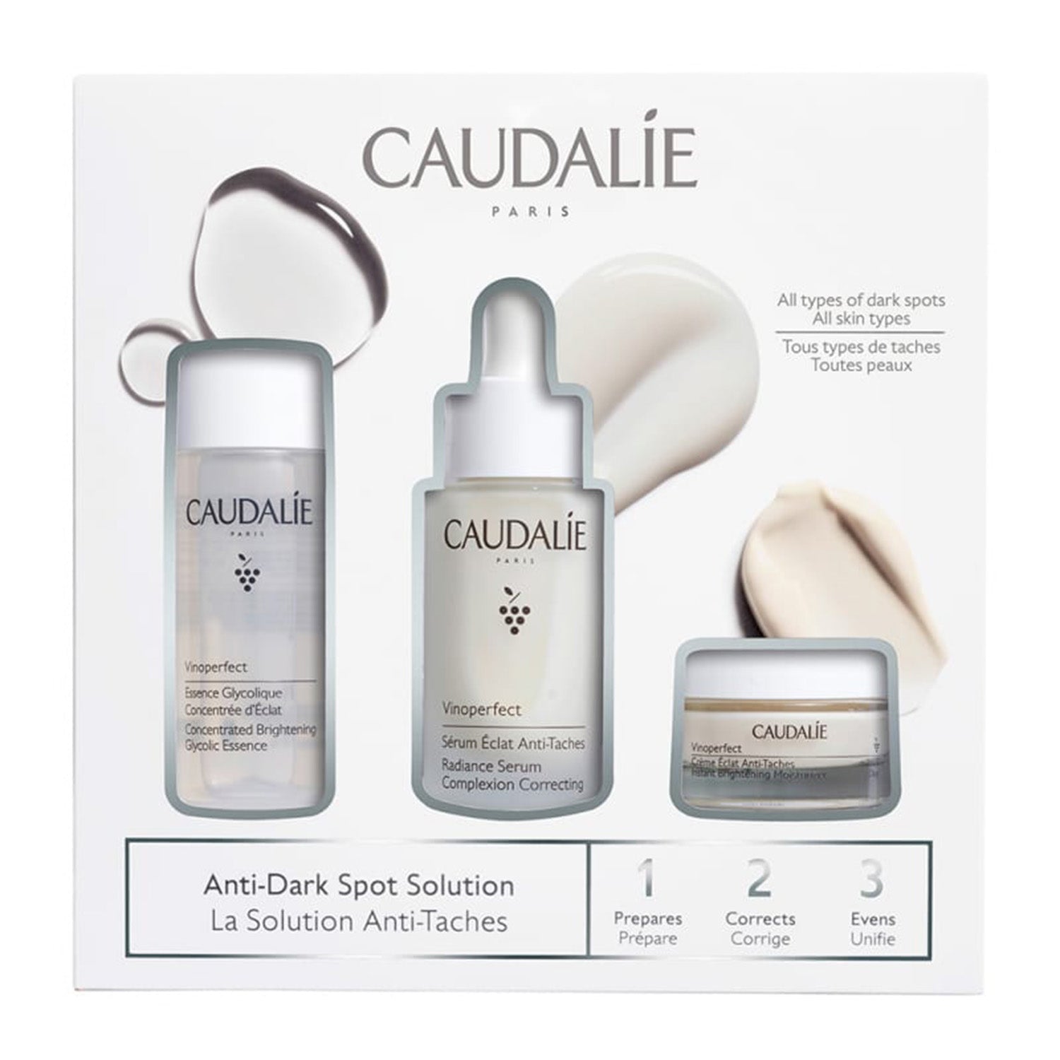 Perfect skin routine set of Caudalie Vinoperfect Serum, Moisturiser and Toner for anti-dark spot results. 