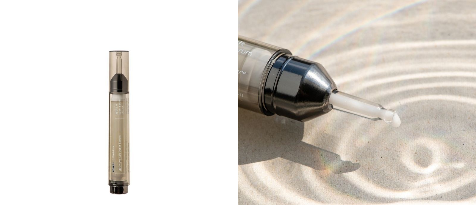 Korres Black Pine eye serum pen beside a close-up of the dropper and serum droplet on rippled sand