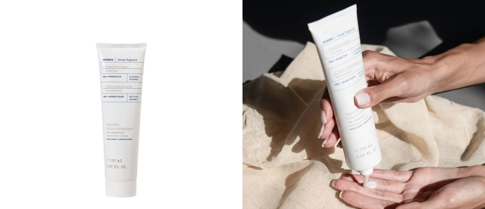 Korres Greek Yoghurt Foaming Cream Cleanser tube beside hands dispensing the cream