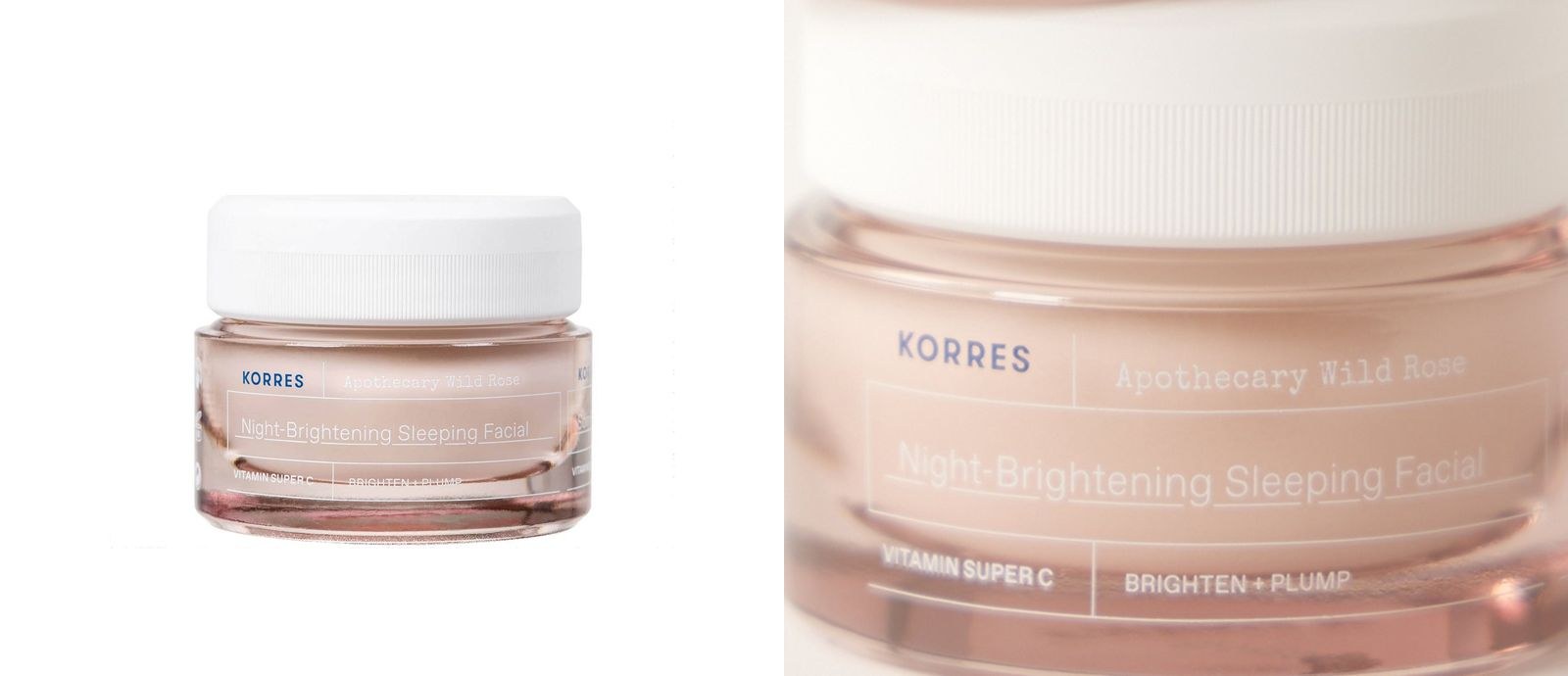 Korres Apothecary Wild Rose Sleeping Facial jar beside a close-up of the labelled jar