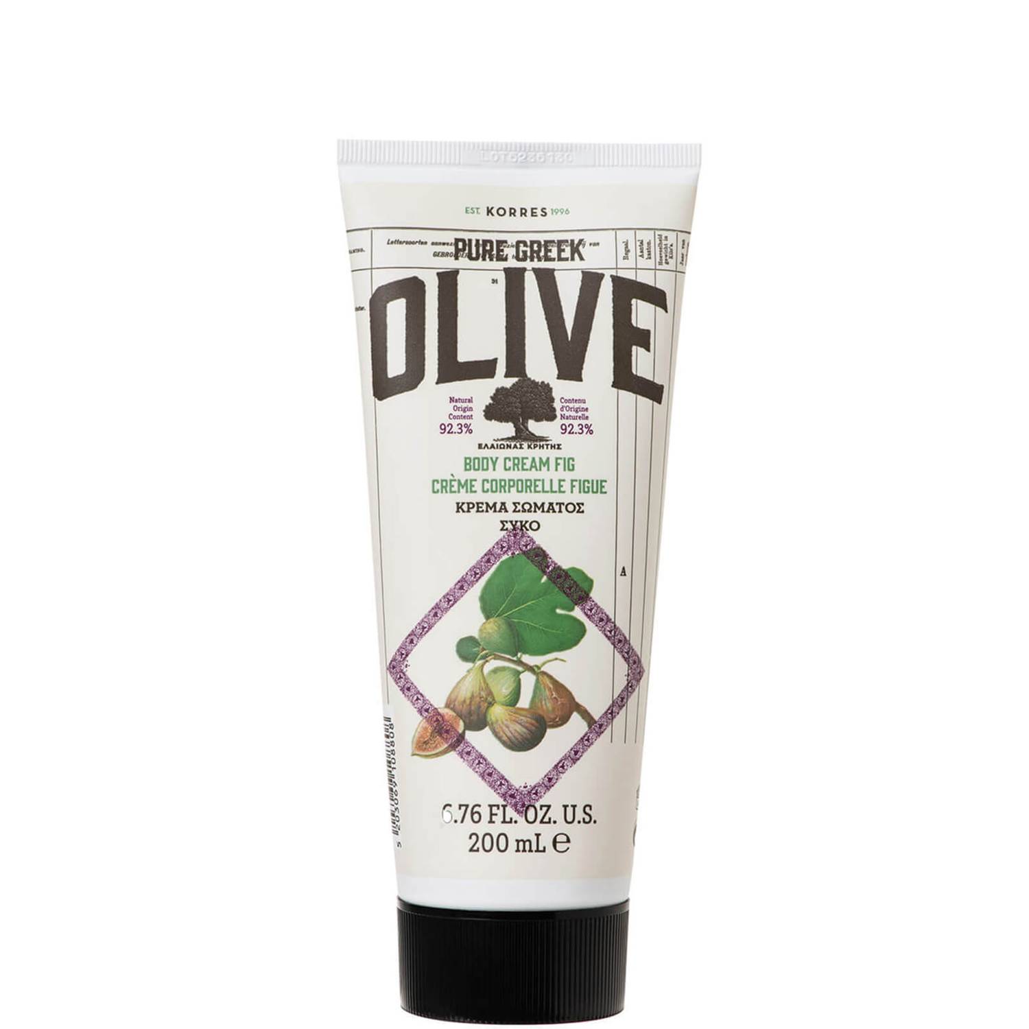 Korres Pure Greek Olive & Fig Body Cream contains extra virgin Olive oil, a source of vitamins and antioxidants, and Olive leaf extract to tone the skin. 