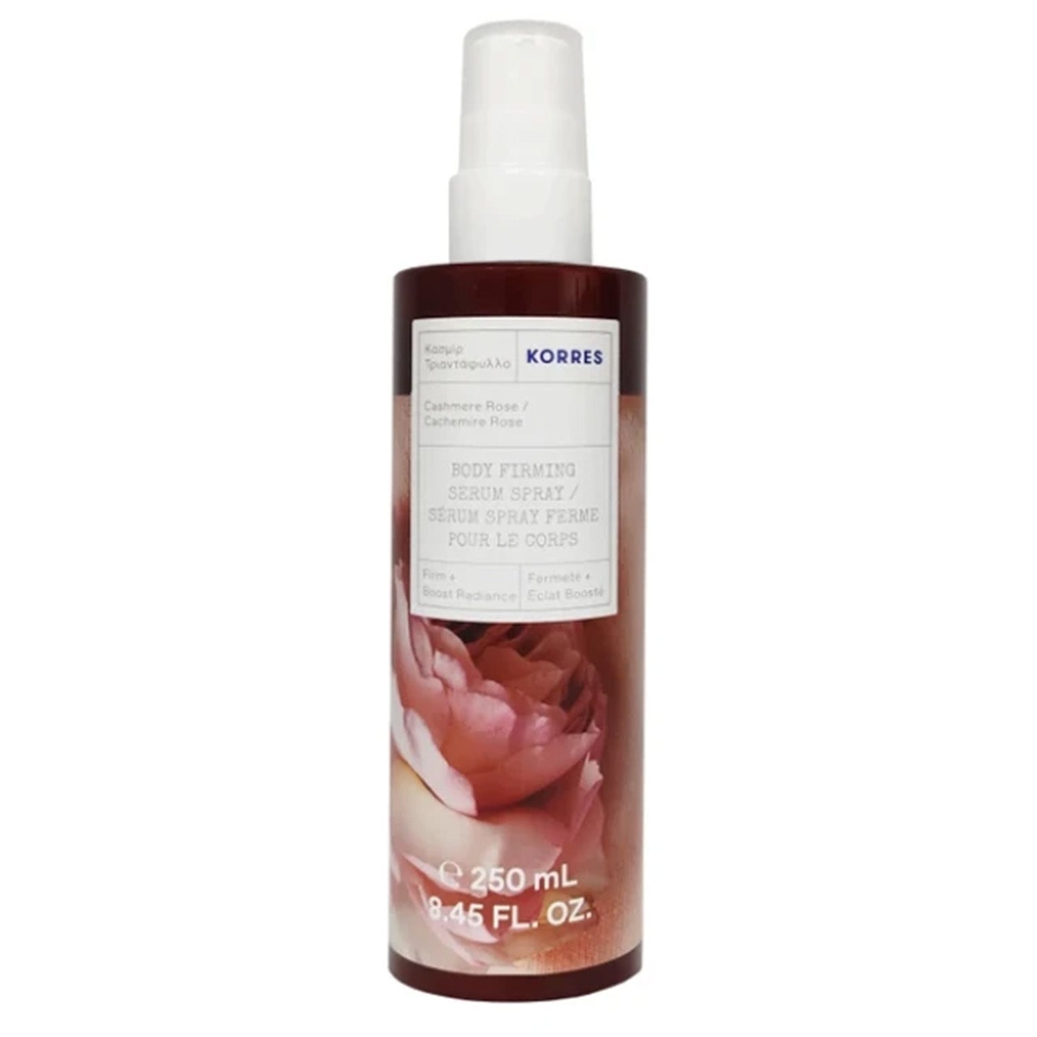 Korres Body Firming Serum with Cashmere & Rose contains crystallised Shea butter, provitamin B5, olive oil, and sunflower oil, making it suitable for all skin types.