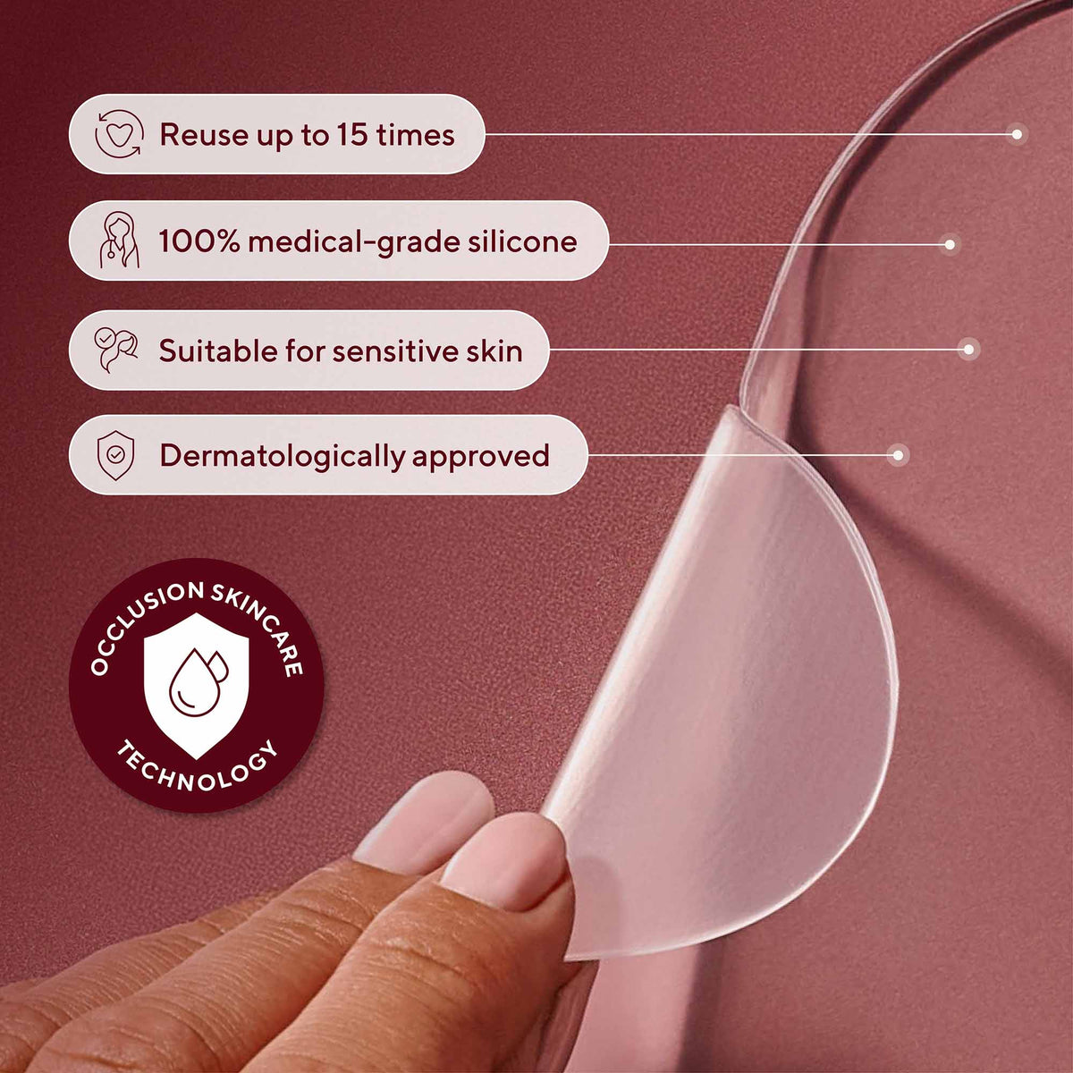 NAYDAYA Chest Wrinkle Shield clear silicone patch held between fingers with feature callouts