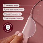 NAYDAYA Chest Wrinkle Shield clear silicone patch held between fingers with feature callouts