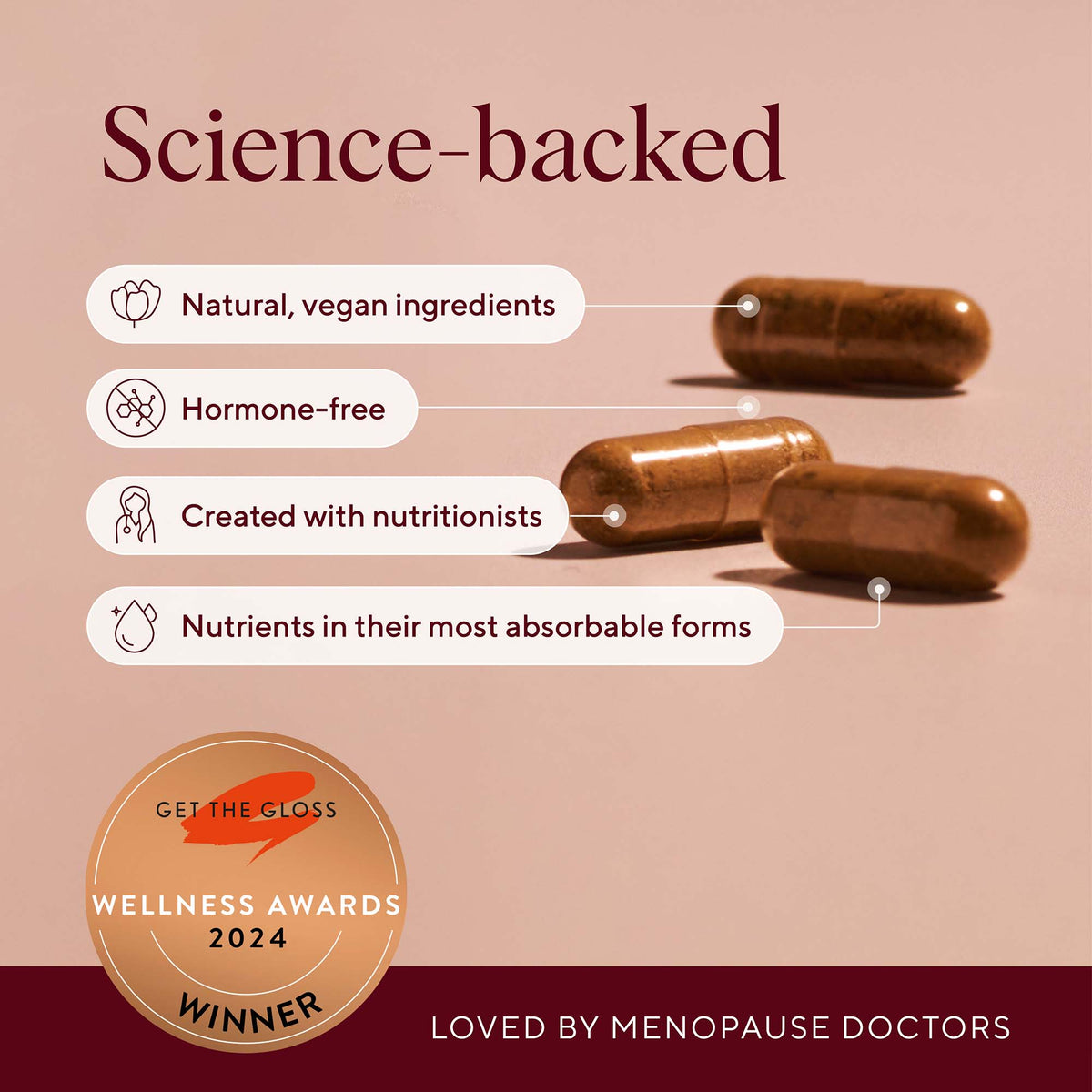 NAYDAYA The Menopause Capsule capsules close-up with vegan and hormone-free callouts and Get The Gloss Wellness Awards 2024 badge