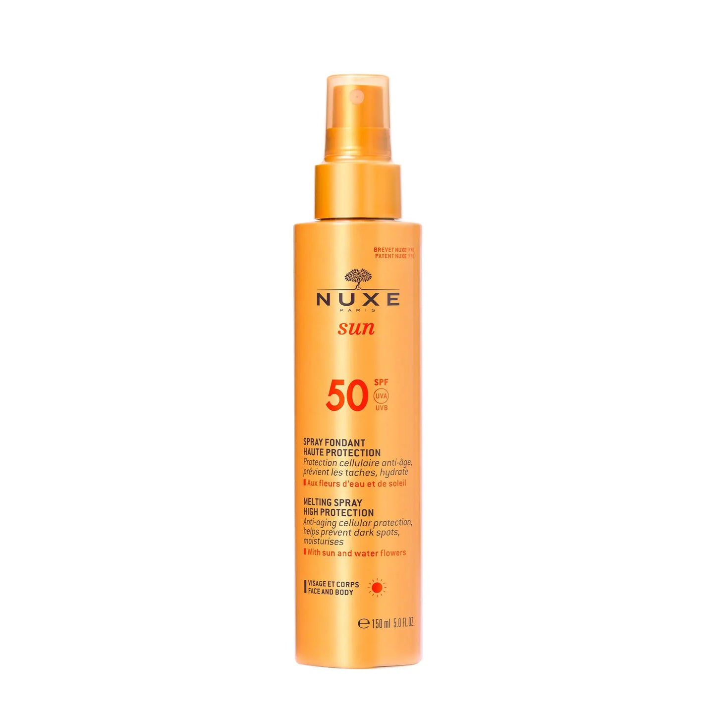 Nuxe Sun Melting Spray for Face and Body SPF50 for anti-aging cellular protection keeps your skin moisturised. The luxurious smell makes you feel unique every time you apply it. 