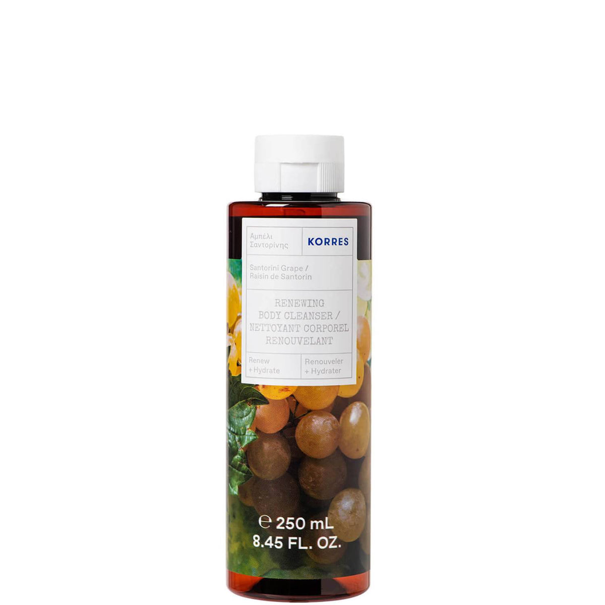 Korres Santorini Grape Renewing Body Cleanser is a reviving scent of juicy grapes, berries, and violet with a subtle hint of lime.