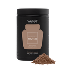 WelleCo Nourishing Protein Chocolate 300g jar with a mound of chocolate protein powder