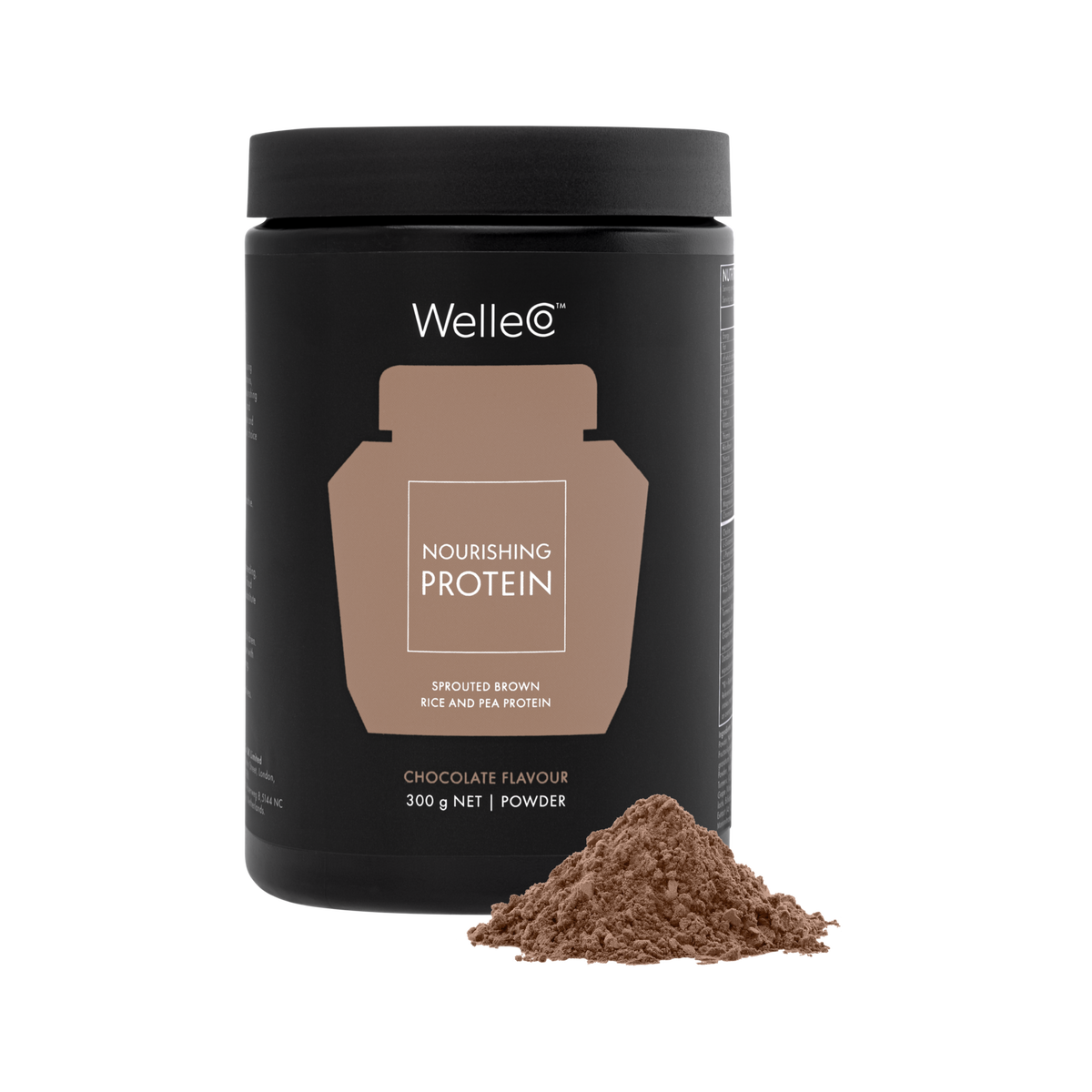 WelleCo Nourishing Protein Chocolate 300g jar with a mound of chocolate protein powder