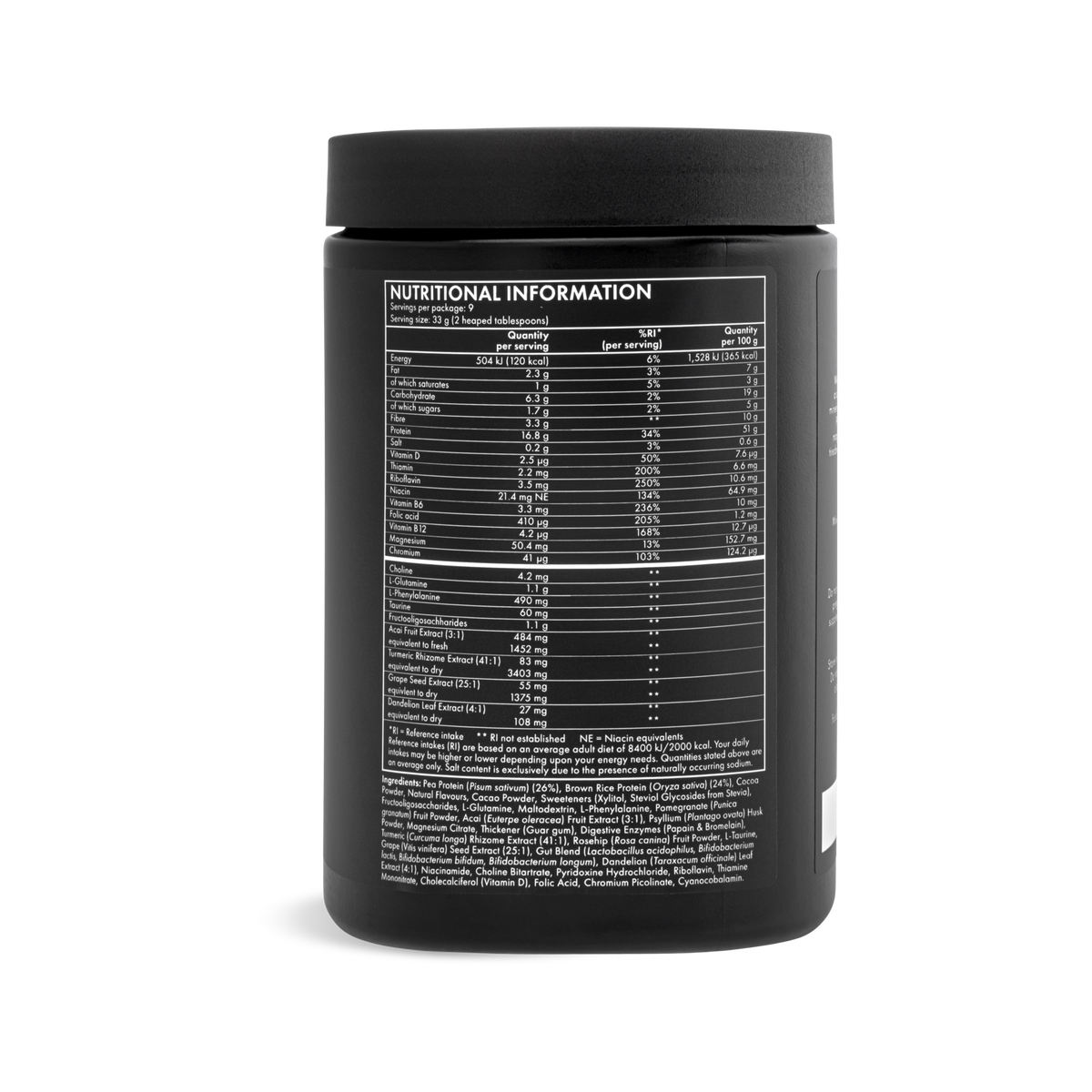 WelleCo Nourishing Protein Chocolate jar back label with nutritional information and ingredients