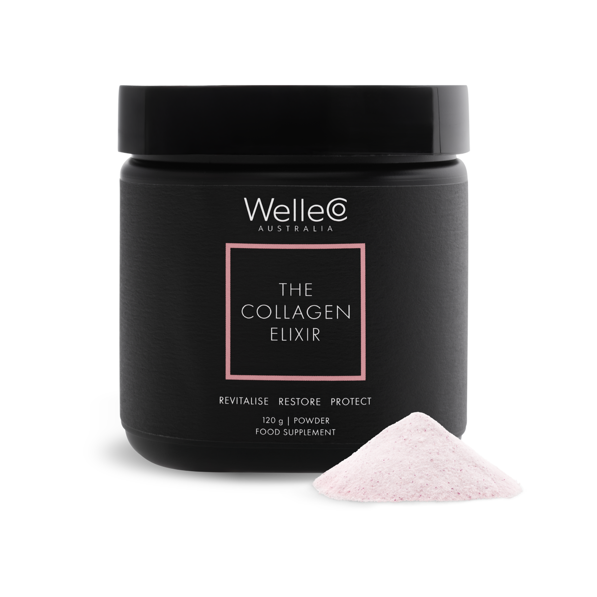 WelleCo The Collagen Elixir 120g black jar with a mound of pale pink collagen powder