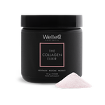 WelleCo The Collagen Elixir 120g black jar with a mound of pale pink collagen powder