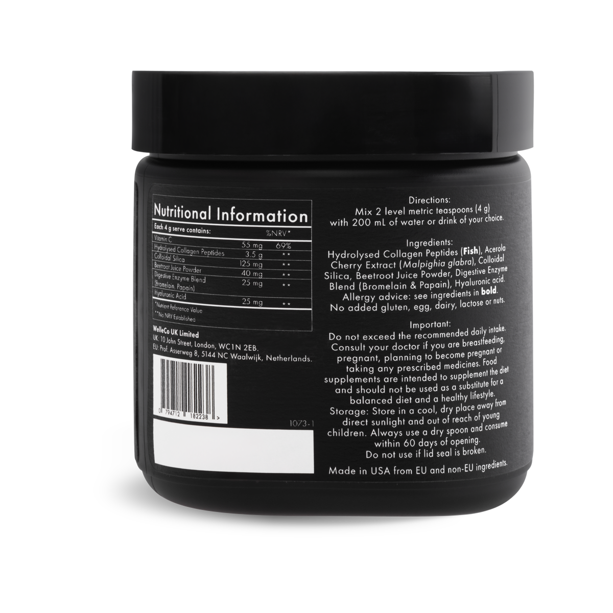 WelleCo The Collagen Elixir jar back label with directions, ingredients and nutritional information