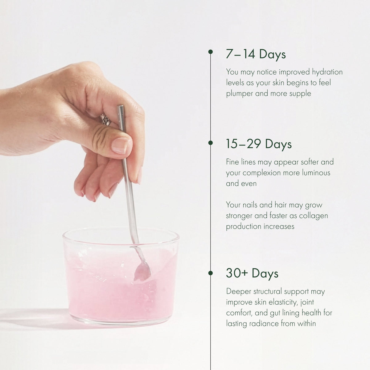 WelleCo The Collagen Elixir stirred into a glass of pink water with a spoon