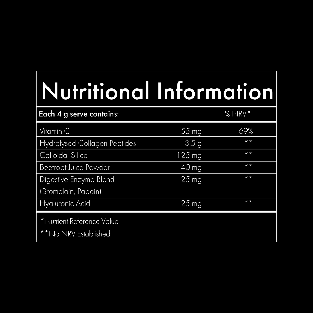 WelleCo The Collagen Elixir nutritional information table per 4g serve