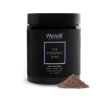 WelleCo The Evening Elixir 150g black jar with a mound of chocolate powder
