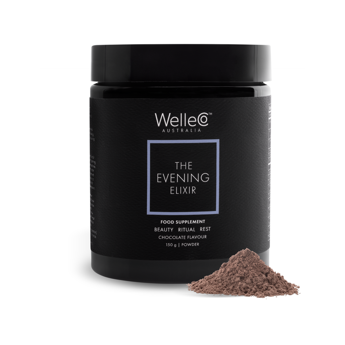 WelleCo The Evening Elixir 150g black jar with a mound of chocolate powder
