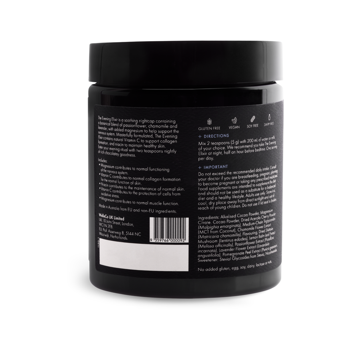 WelleCo The Evening Elixir jar back label with directions and ingredients
