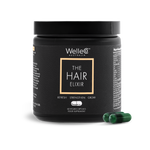 WelleCo The Hair Elixir 60 vegan capsules black jar with two green capsules