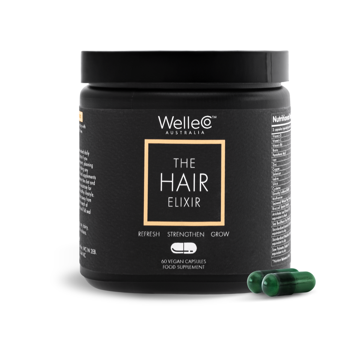 WelleCo The Hair Elixir 60 vegan capsules black jar with two green capsules