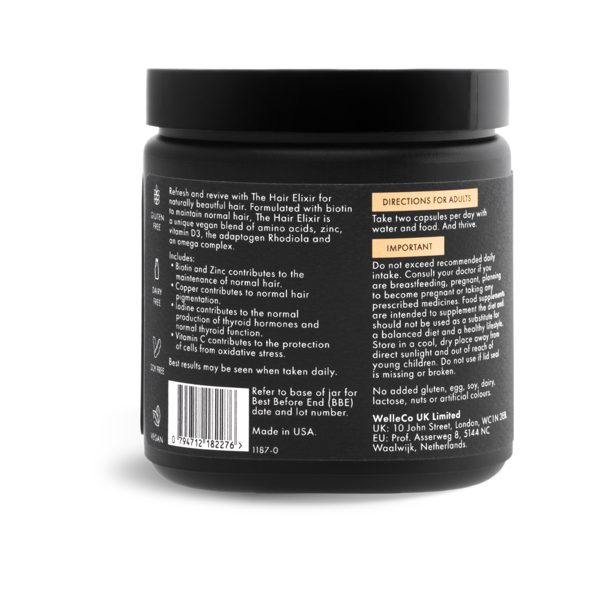 WelleCo The Hair Elixir jar back label with directions and nutrient statements