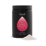 WelleCo The HydroProtein Elixir Blackcurrant & Pomegranate 270g black jar with a mound of pale pink powder