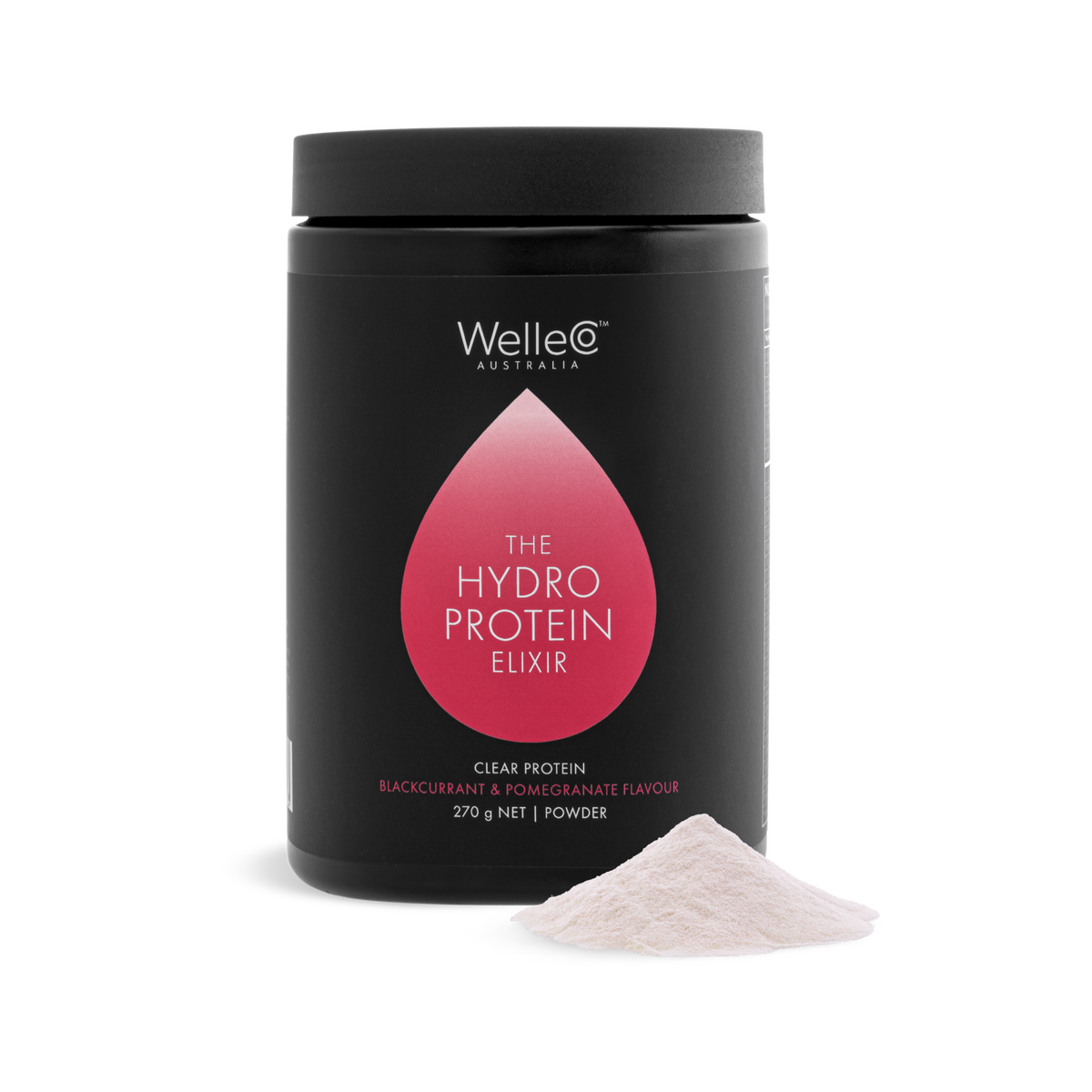 WelleCo The HydroProtein Elixir Blackcurrant & Pomegranate 270g black jar with a mound of pale pink powder